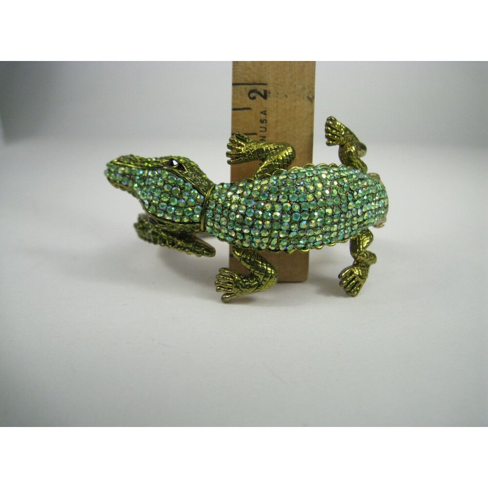 Gold Tone Crocodile Green Crystal Hinged Bangle Bracelet Sparkly Jewelry - Picture 4 of 12